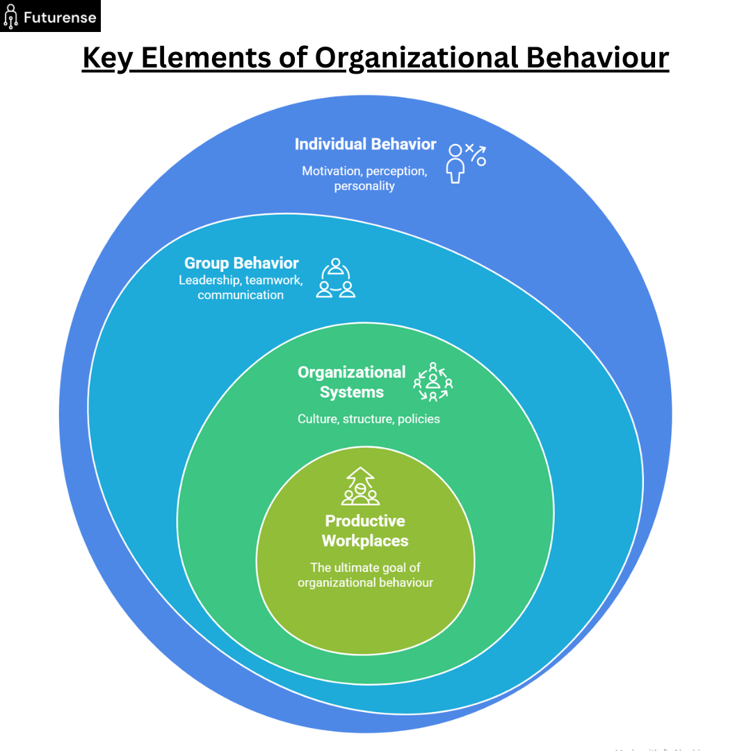 Diagram illustrating key elements of organizational behaviour including individual behavior, group behavior, and organizational systems leading to productive workplaces.