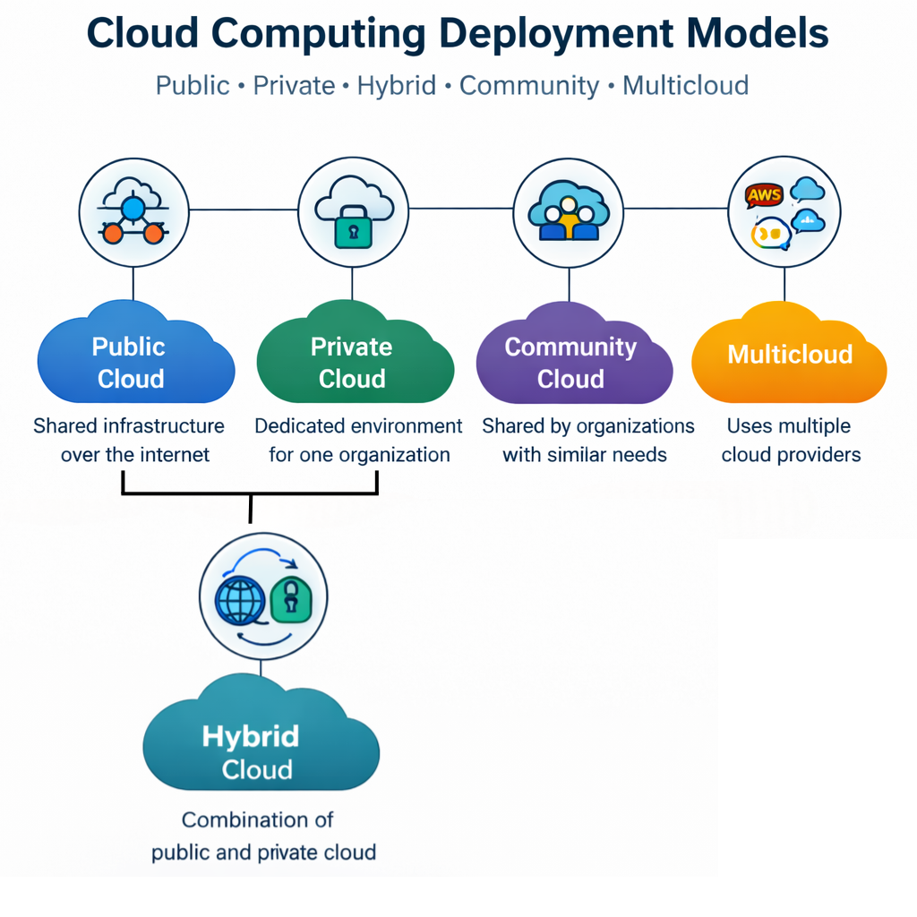 cloud computing deployment models diagram showing public private community multicloud and hybrid cloud where hybrid combines public and private cloud