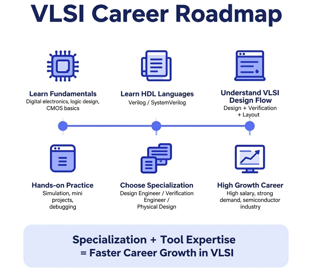 VLSI career roadmap showing steps from learning digital electronics to becoming a design or verification engineer