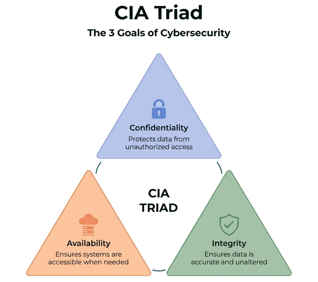 CIA Triad infographic showing confidentiality integrity and availability with triangle diagram in cybersecurity