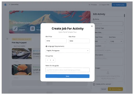 Pop-up window for creating a job posting for a tour activity.