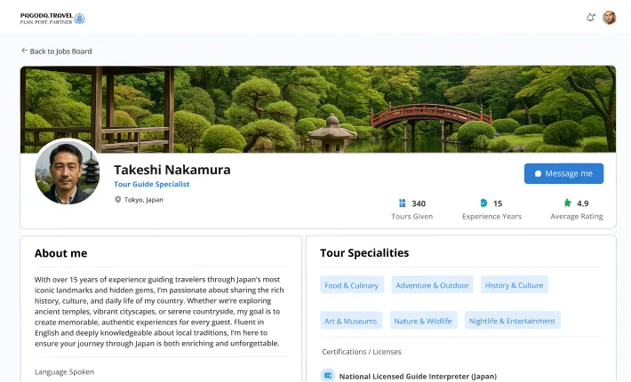 Profile of a tour guide with experience details and specialties.