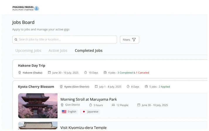 Job board showing upcoming tour guide opportunities in Japan.