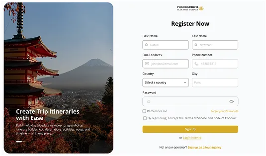 Registration form for creating a trip planner account.