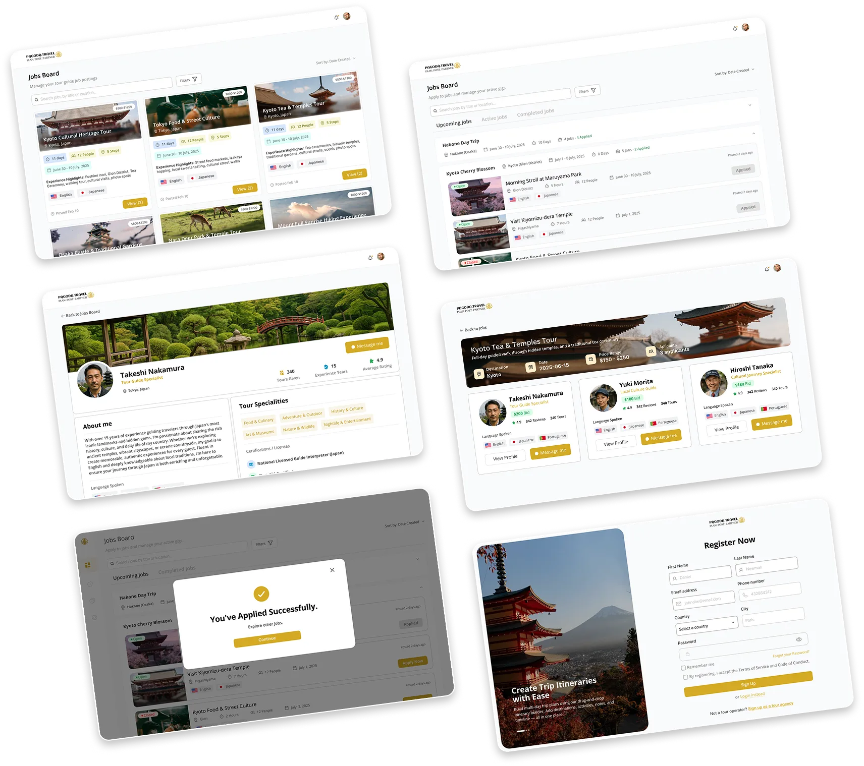 Screenshots of a travel website showcasing tour listings and a successful application message.