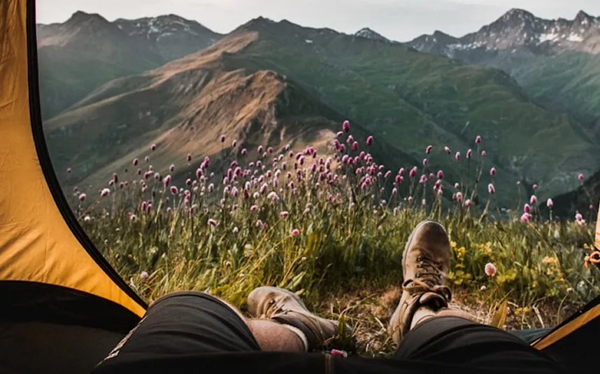 Legs inside a tent with mountains and flowers.