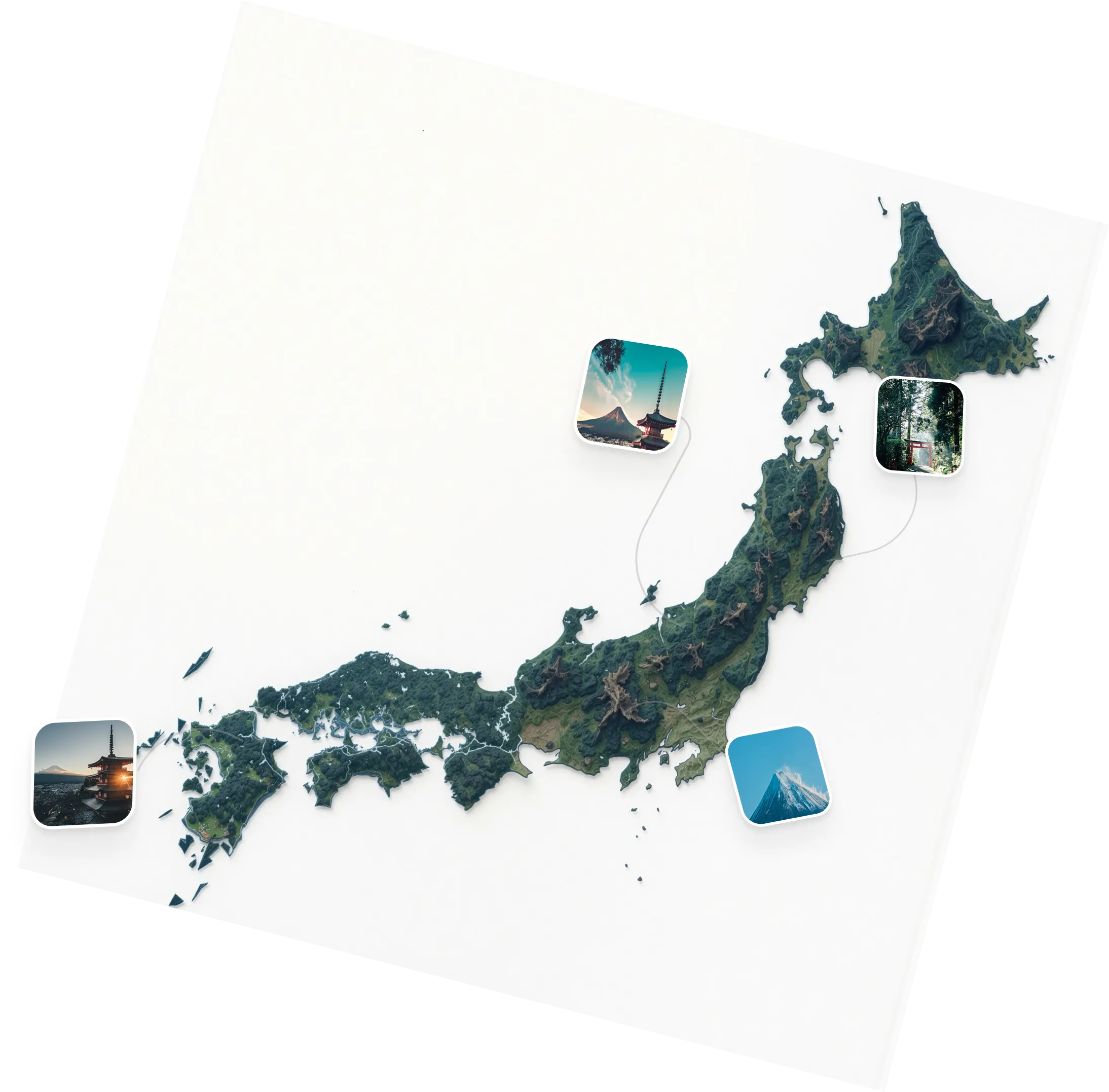 Map of Japan with landmark photos pinned across regions.