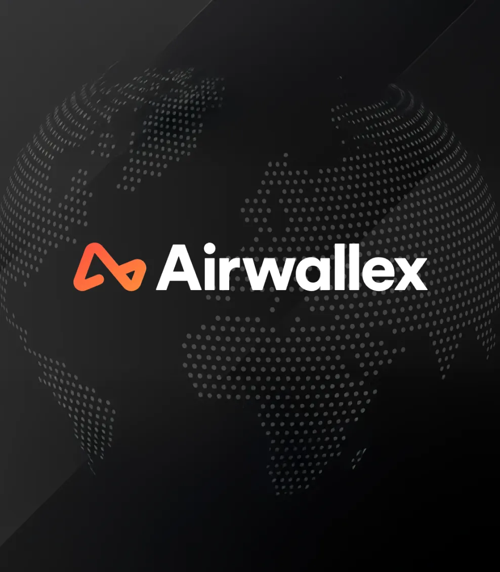 Airwallex logo on dark dotted world map background
