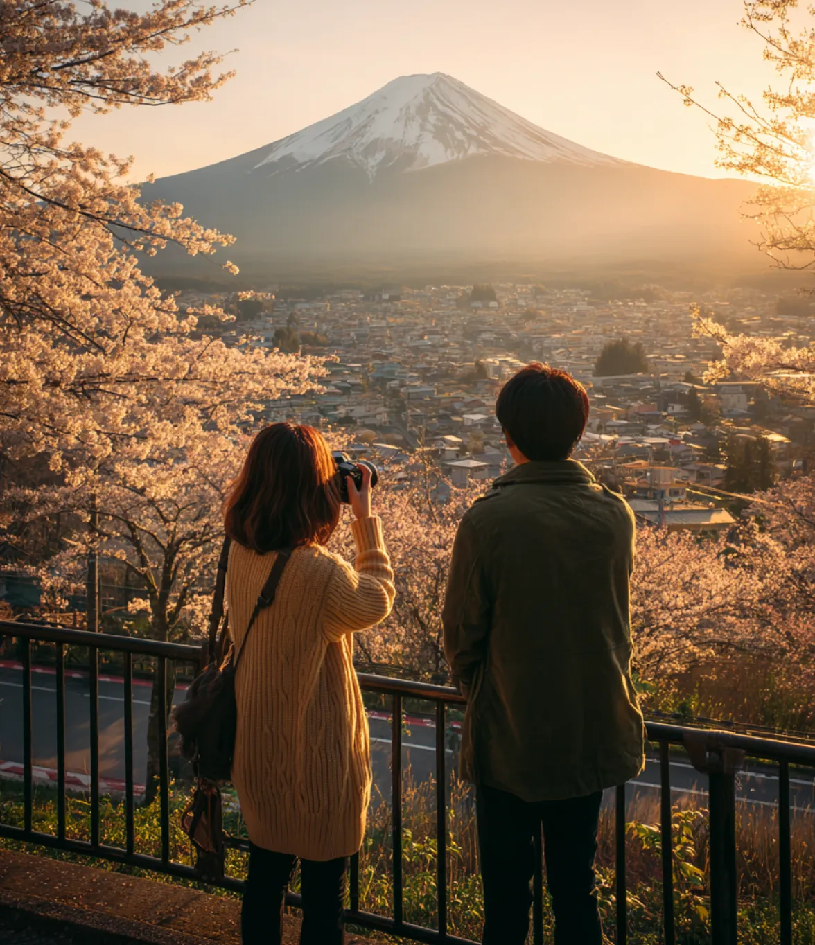 Two people viewing cherry blossoms with Mount Fuji in the background