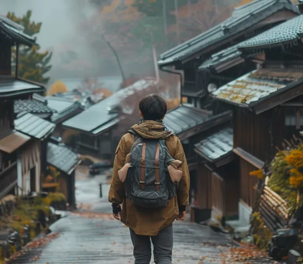Person with a backpack walking down a narrow street with wooden houses