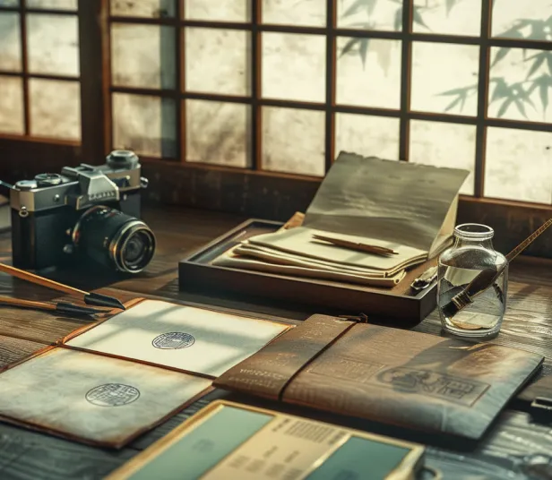 Vintage camera and stationery arranged on a wooden desk near a window