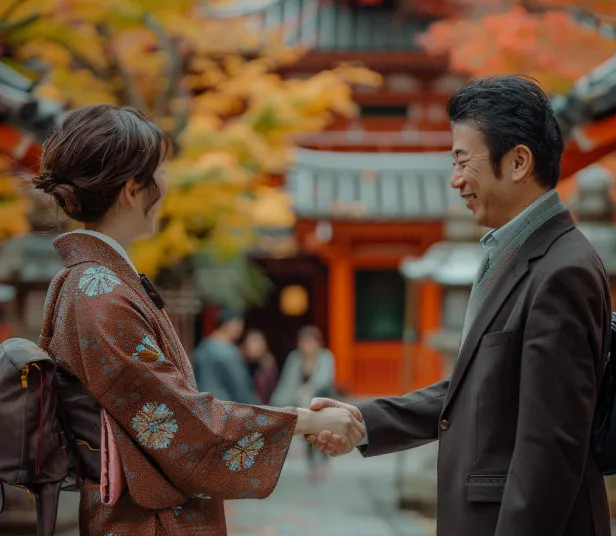 Two people shaking hands in front of colorful traditional architecture