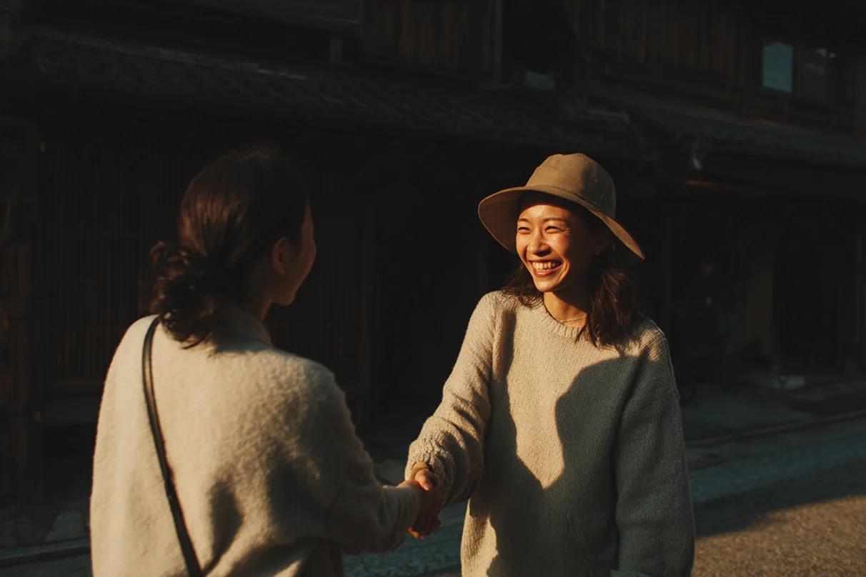 Two women smiling and shaking hands on a sunlit street