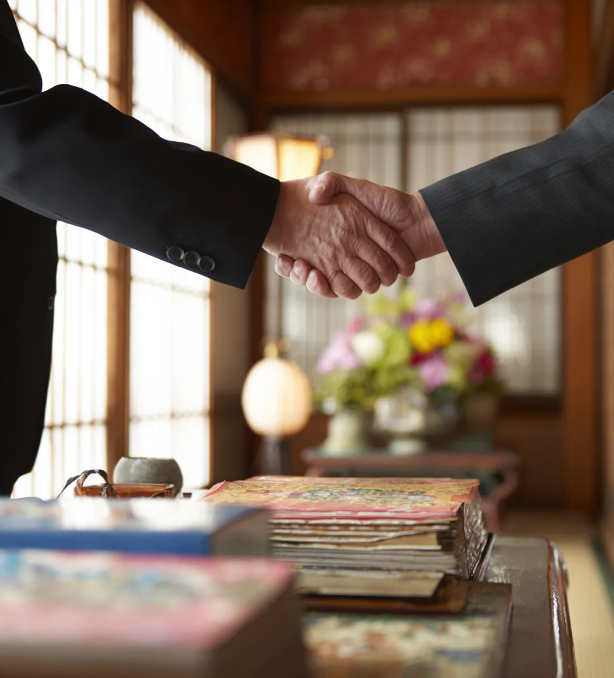 Two people in suits shaking hands indoors.