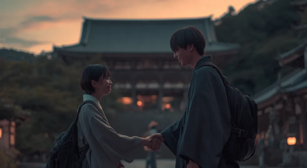 Two people greeting with a handshake near a temple at dusk.