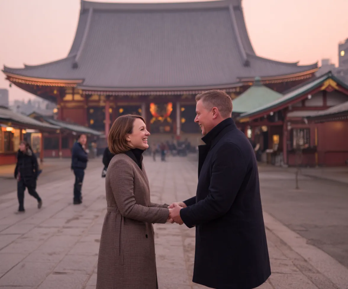 Two people smiling and holding hands in front of a temple