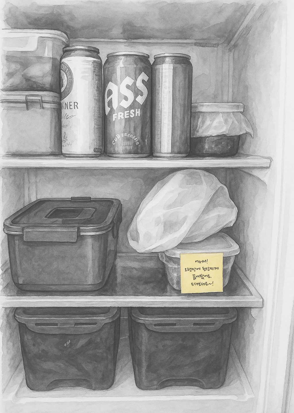 A black-and-white watercolor-style illustration of an open refrigerator with cans and containers on the shelves. A plastic-wrapped container on the middle shelf has a bright yellow sticky note—the only colored element—reading in Korean: “어머니! 오랜 만에 된장찌게 끓여 봤어요. 드셔보세요~!”