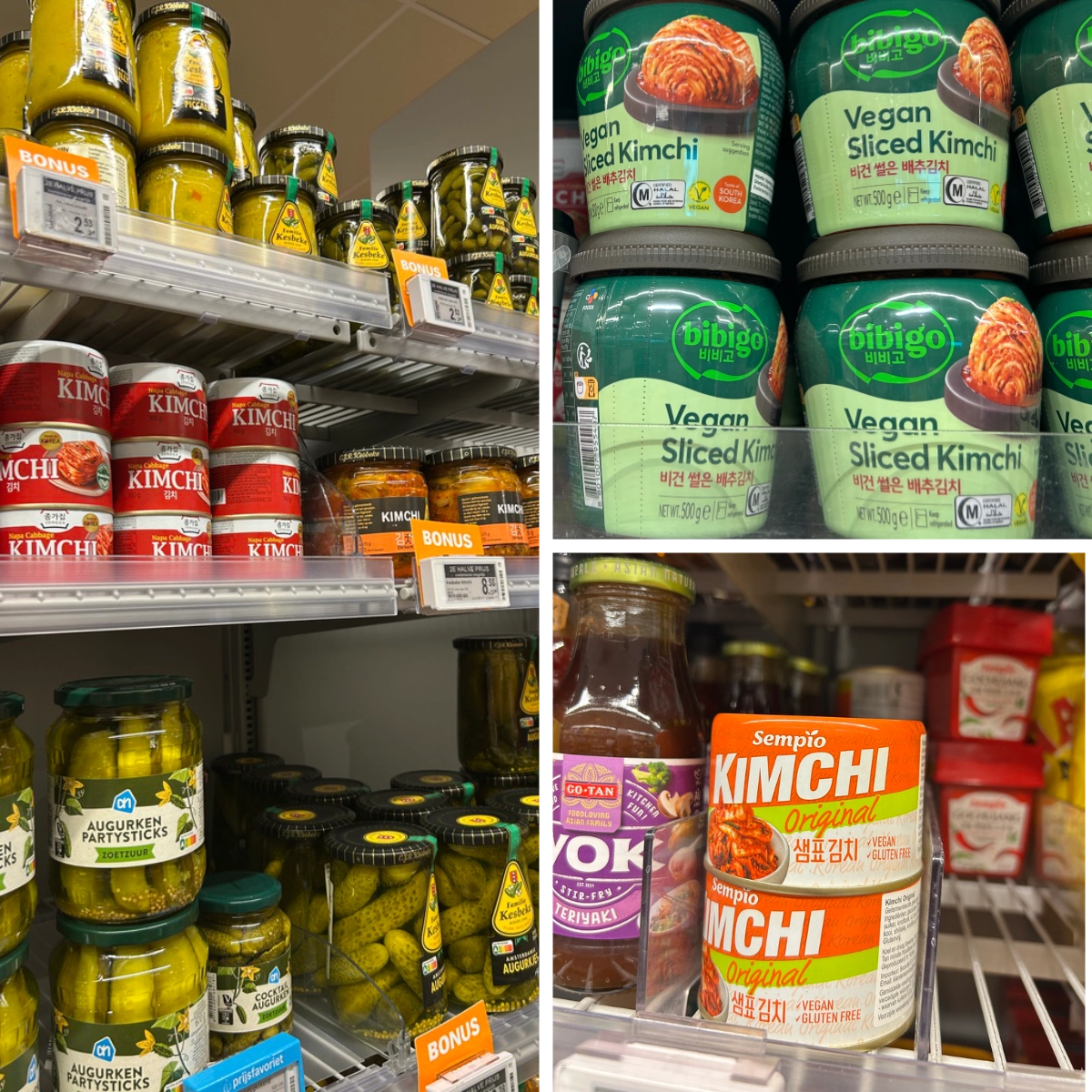 Collage of three supermarket shelf photos showing jars and tubs of kimchi displayed among pickled cucumbers, sauces, and condiments. Labels include traditional napa cabbage kimchi, vegan sliced kimchi, and Korean-brand packaged kimchi, all arranged in refrigerated and dry grocery sections.