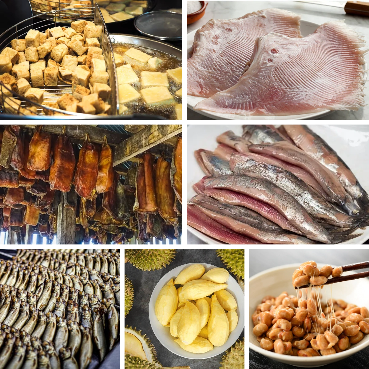 Collage of foods associated with strong aromas, including cubes of deep-fried tofu in oil, raw fish fillets on plates, rows of fermented fish hanging to dry, salted whole fish arranged in stacks, durian fruit segments in a bowl, and fermented soybeans being lifted with chopsticks.