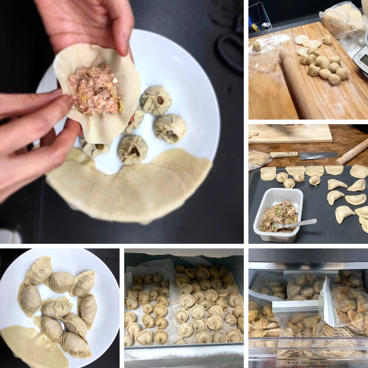 Collage showing the mandu-making process: hands filling wrappers, dumplings being shaped on work surfaces, finished mandu on plates and trays, and batches stored in freezer bags.