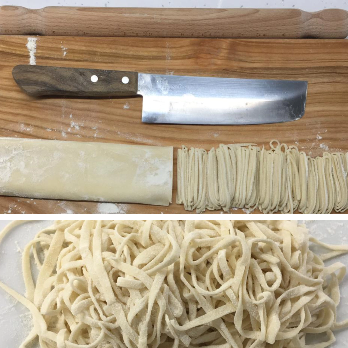 Freshly cut knife noodles made from rolled dough, shown on a cutting board with a knife and on a plate dusted with flour.
