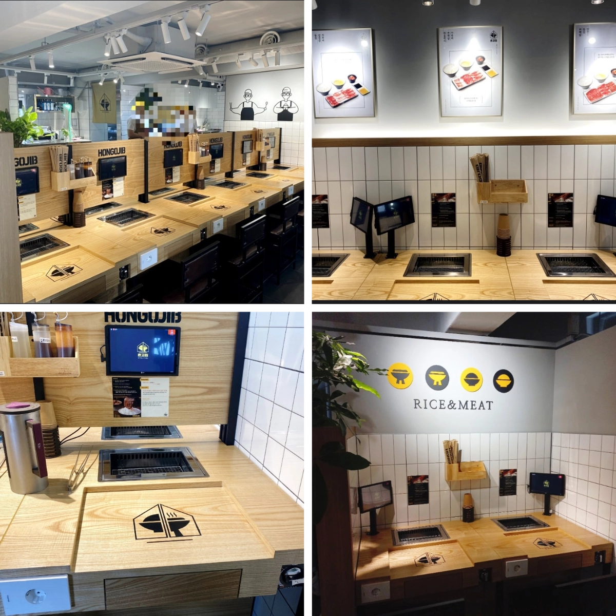 Honbap-friendly grill restaurant in Korea with bar-style seating facing walls. Each section comes with a small grill built into the table, a tablet for ordering, and a power outlet for charging devices.