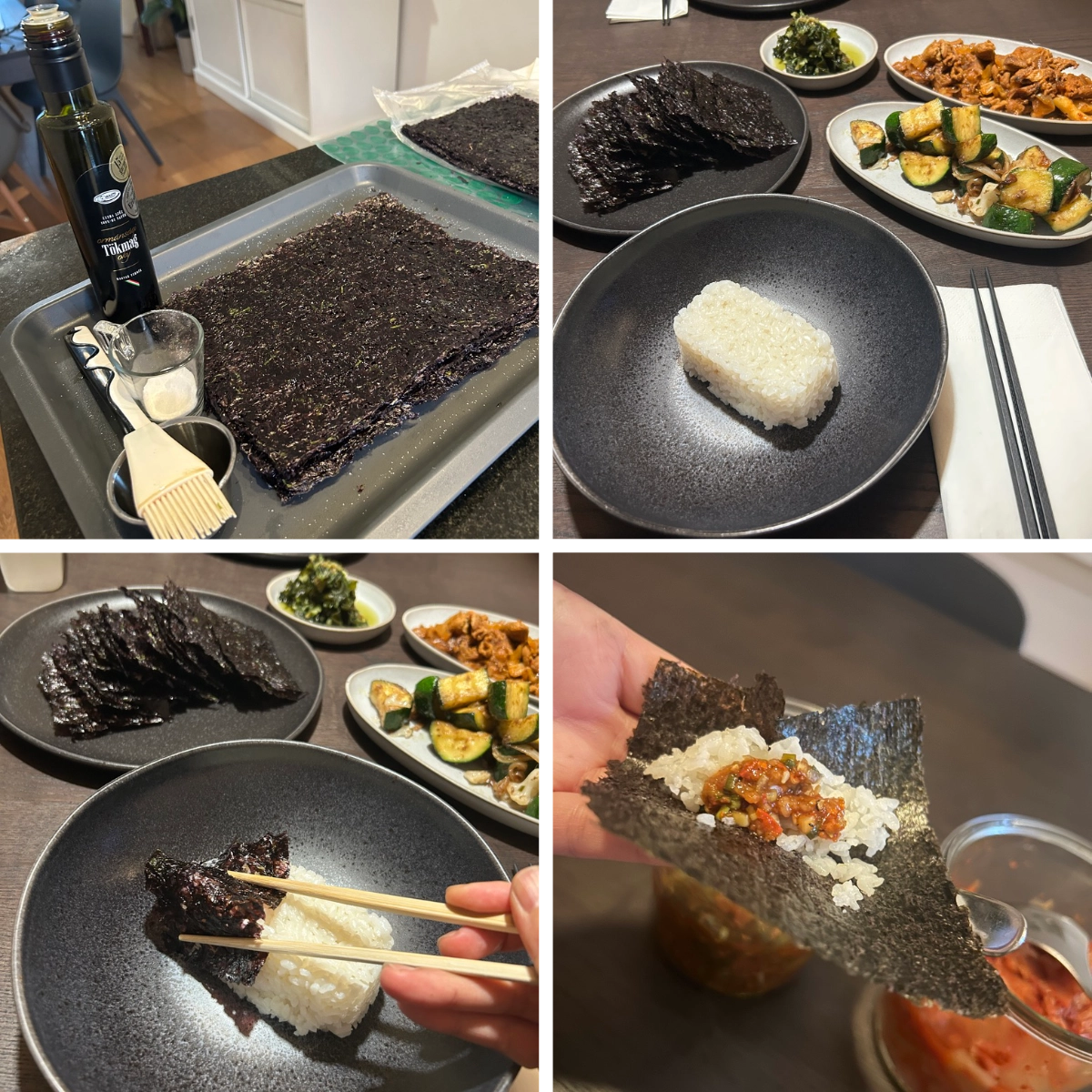Step-by-step views of making gim ssam: toasted seaweed sheets, a bowl of rice, side dishes, and rice wrapped in seaweed by hand.