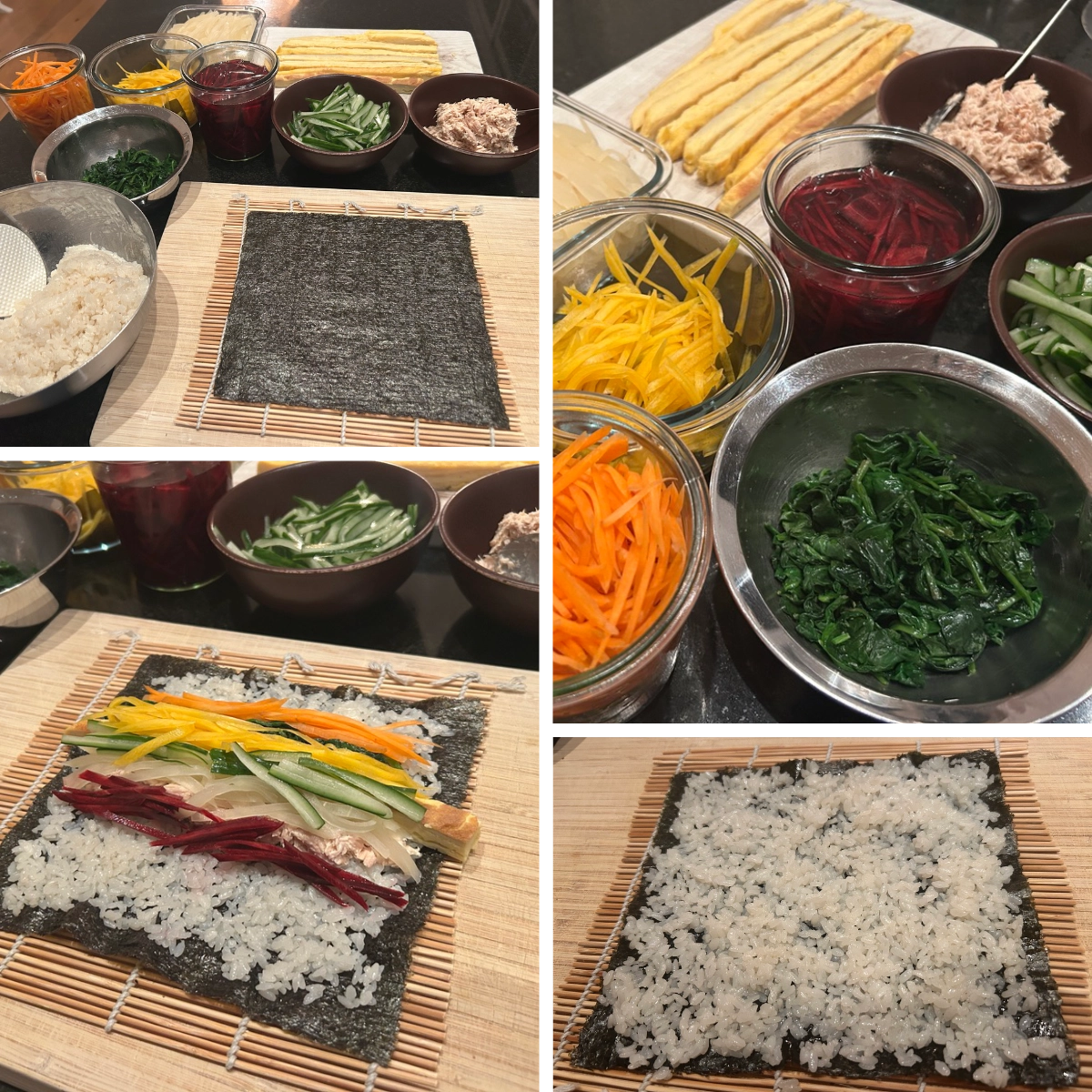 Gimbap preparation showing cooked rice on seaweed, neatly arranged vegetables, egg strips, and tuna laid out before rolling.