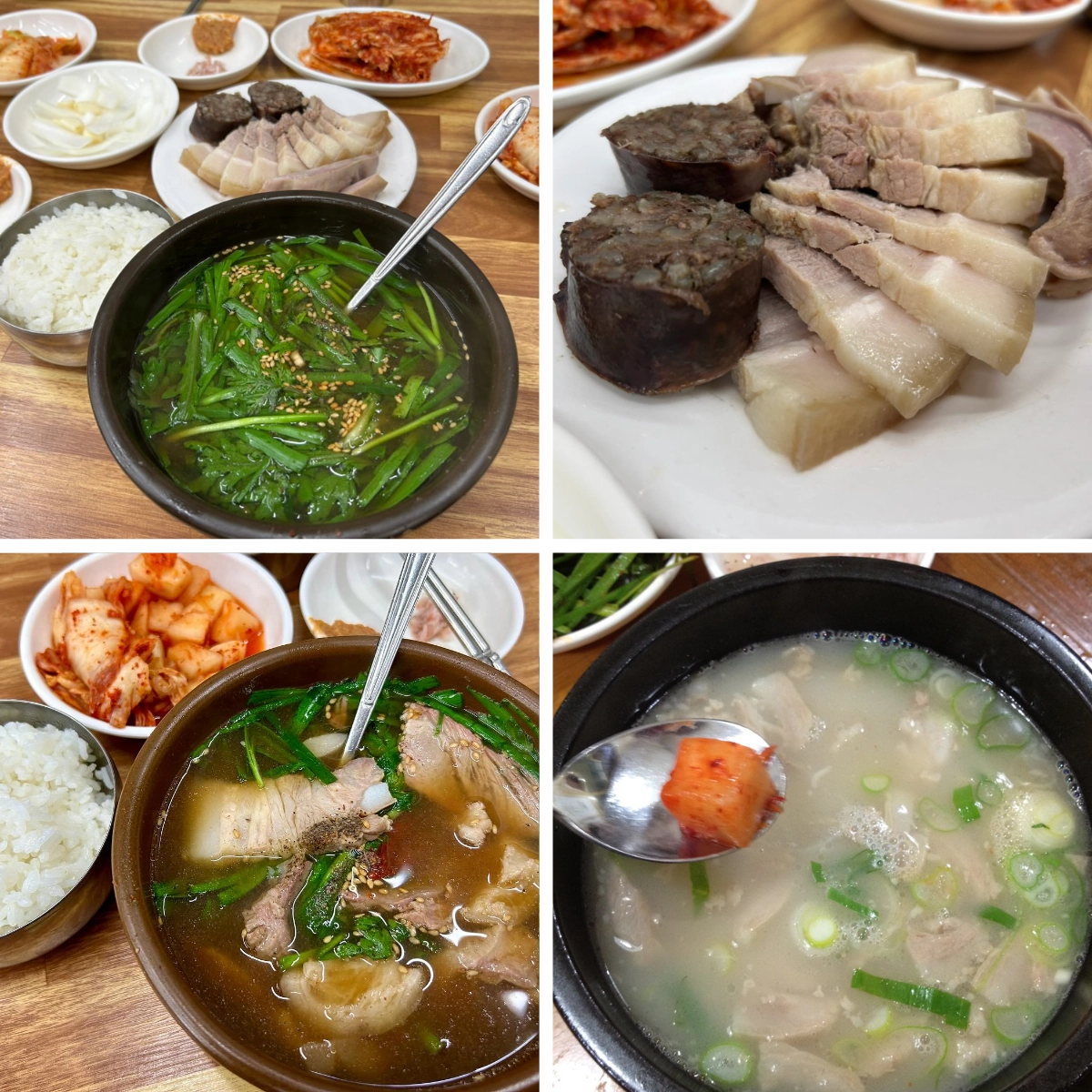 Bowls of Korean pork soup with chives and sliced pork, served alongside rice, kimchi, and plates of boiled pork and sundae.