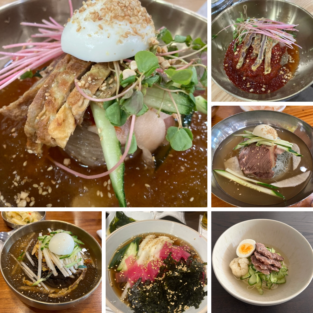 Bowls of Korean naengmyeon with buckwheat noodles, cold broth or chili sauce, sliced beef, cucumber, egg, pickled radish, and sesame seeds.