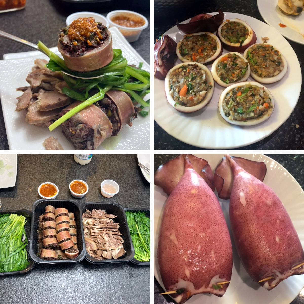 Abai sundae (stuffed pork intestines) on the left and ojingeo sundae (stuffed squid) on the right, plated side by side.