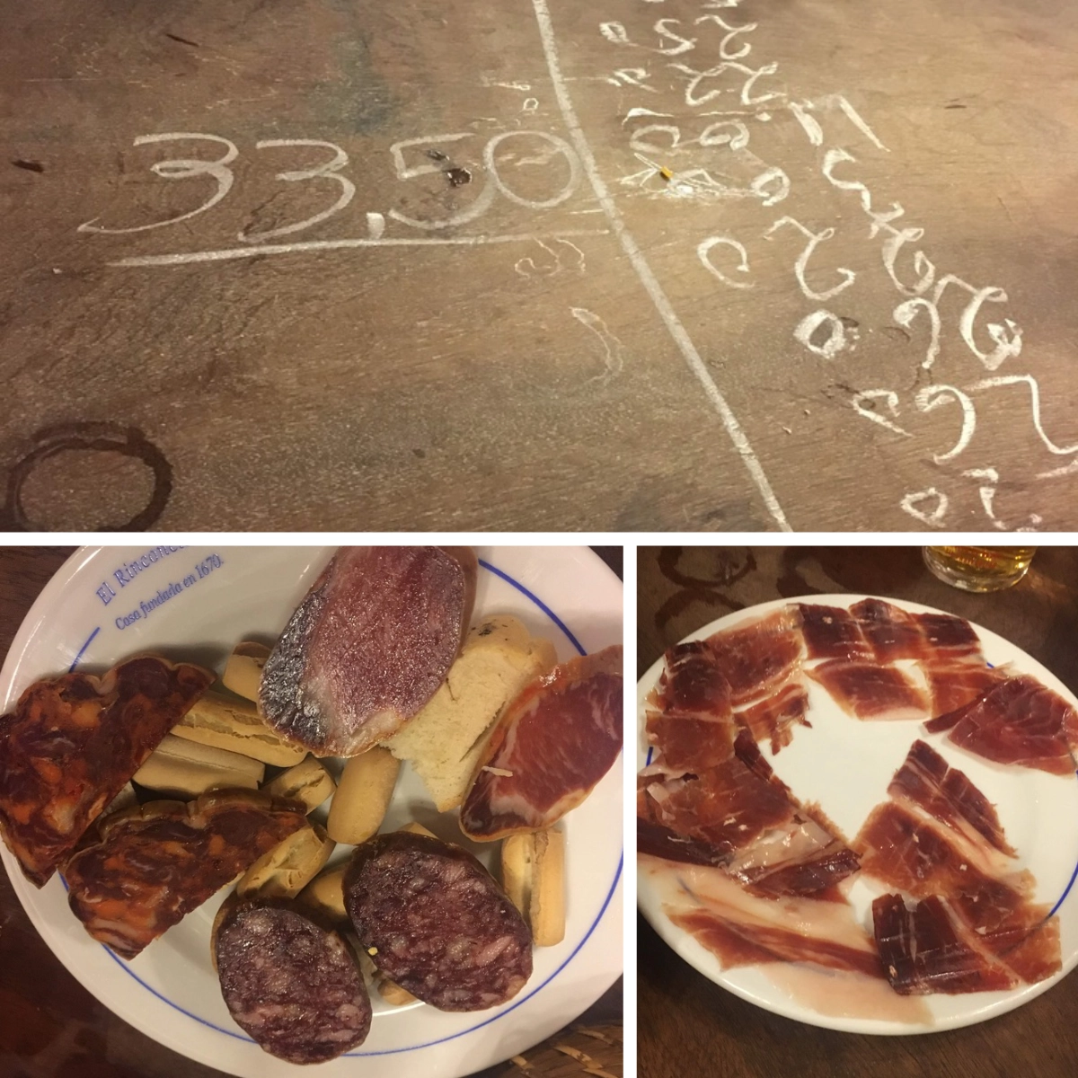 Chalk-written prices on a tapas bar counter with plates of jamón and cured meats in Seville.