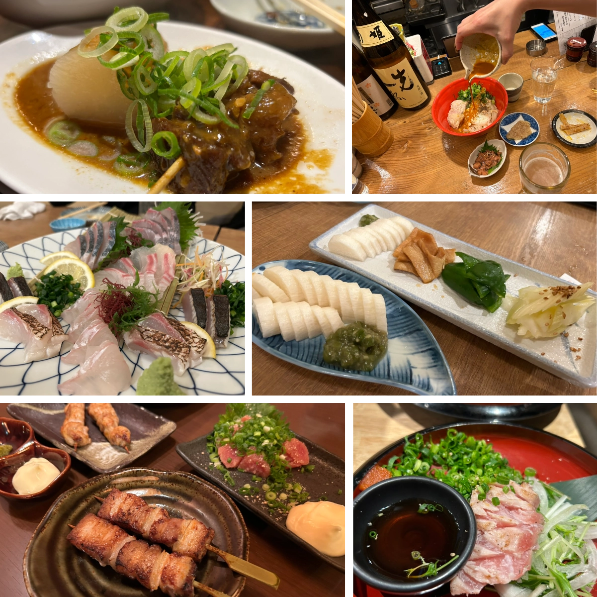 A table of Japanese sakana including sashimi, grilled skewers, simmered dishes, and small plates served alongside drinks.