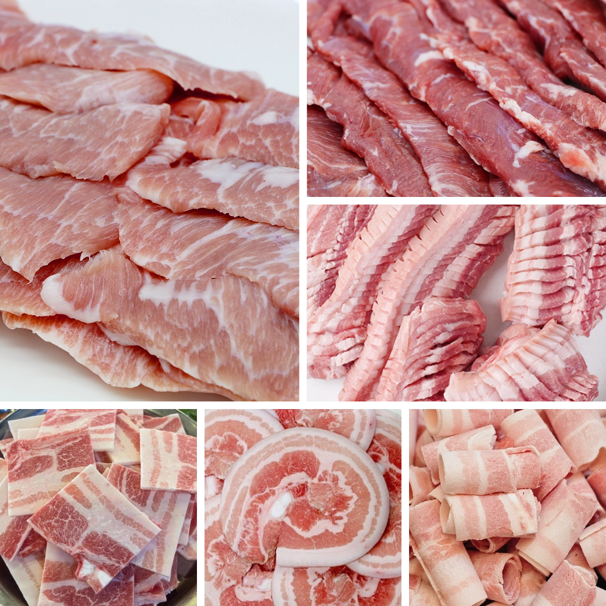 Assorted raw pork cuts for Korean gogi-gui, including sliced pork belly and other grilling cuts arranged in different thicknesses and shapes.