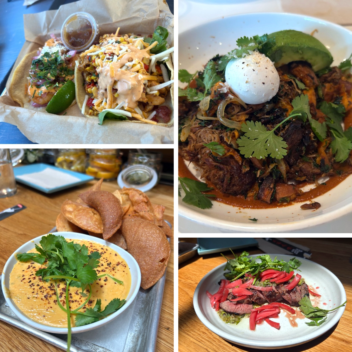 Collage of Tex-Mex dishes topped with fresh cilantro, including tacos, braised meat with avocado and egg, tortilla chips with dip, and sliced steak with pickled onions.