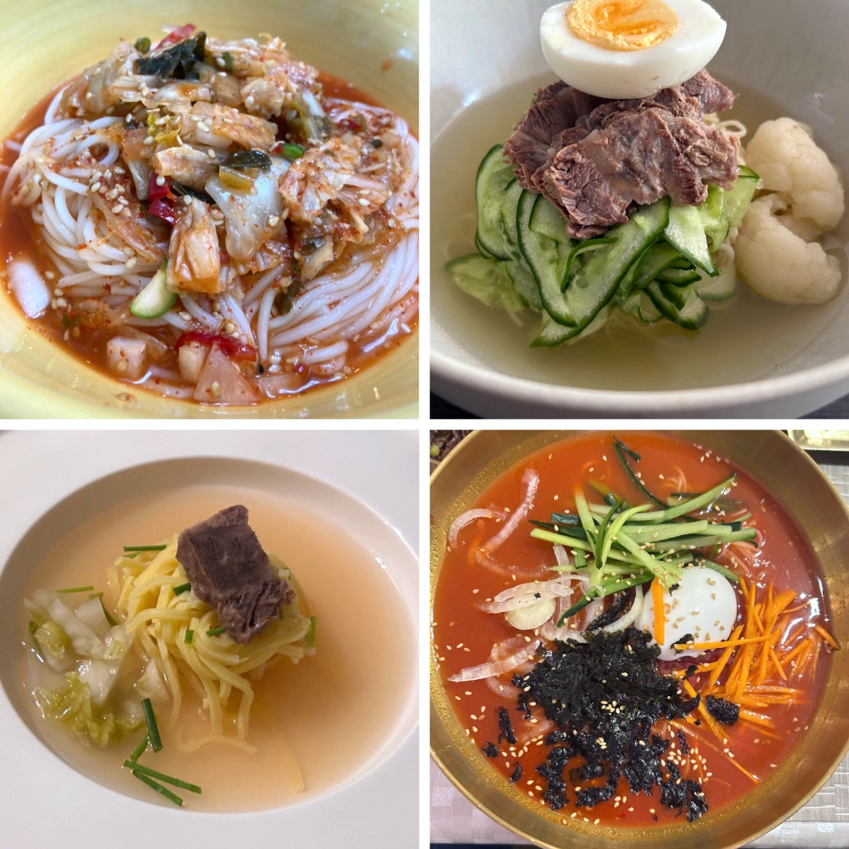 Four bowls of Korean cold noodles: spicy kimchi broth noodles, clear beef broth mul-naengmyeon with cucumber and egg, a light dongchimi-style broth with noodles and beef, and a red chilled noodle soup topped with vegetables and seaweed.