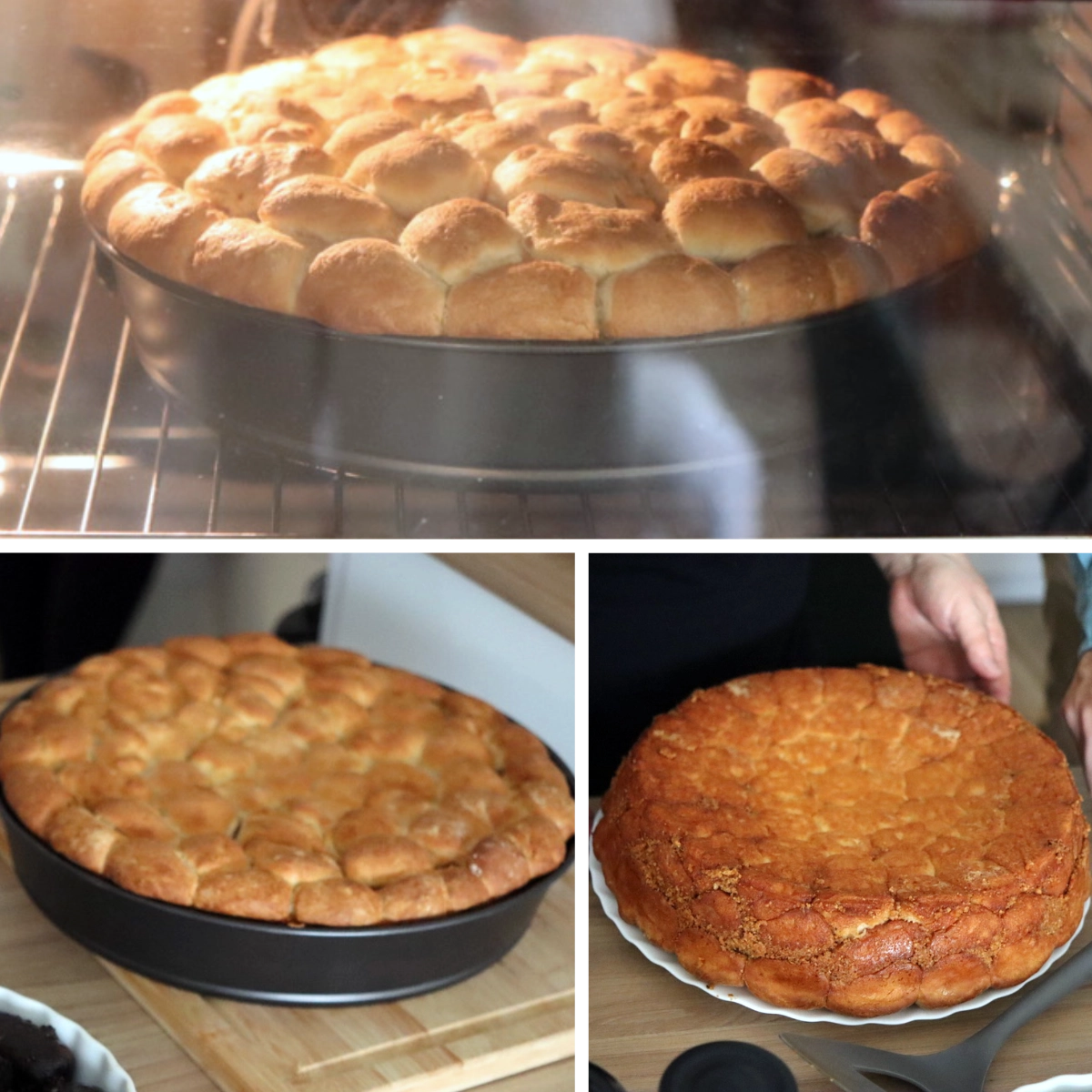Collage showing aranygaluska in three stages: baking in a round pan, fully baked and browned on top, and turned out onto a plate with a caramelized golden base visible.