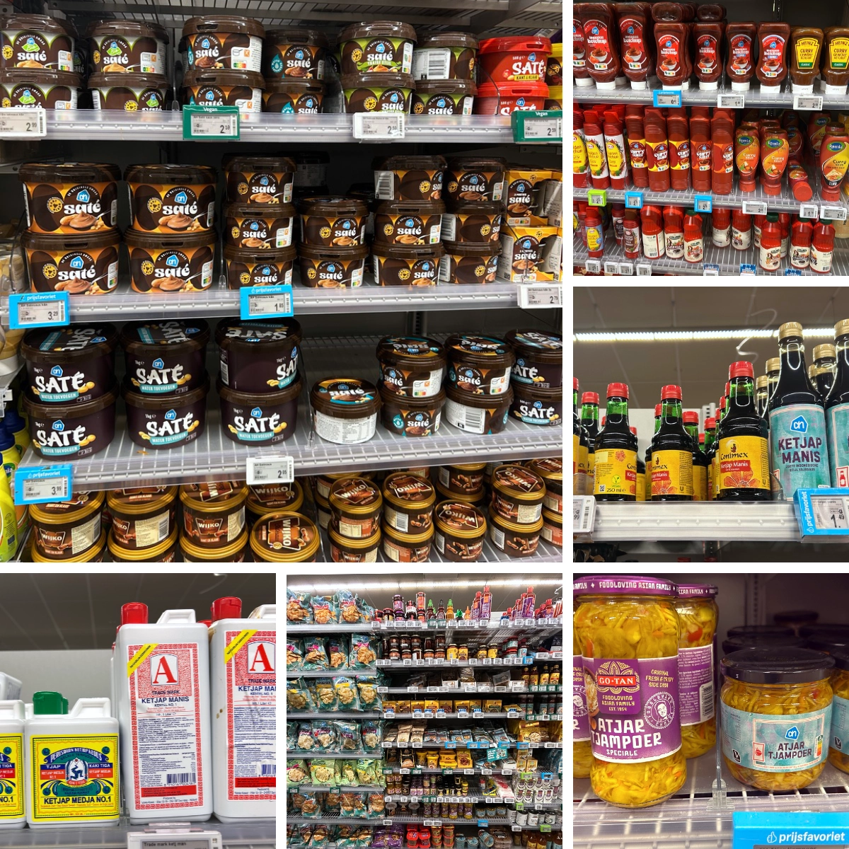 Collage of Dutch supermarket shelves filled with jars of satésaus (peanut sauce), bottles of ketjap manis (sweet soy sauce), sambal chili sauces, and jars of atjar pickles.