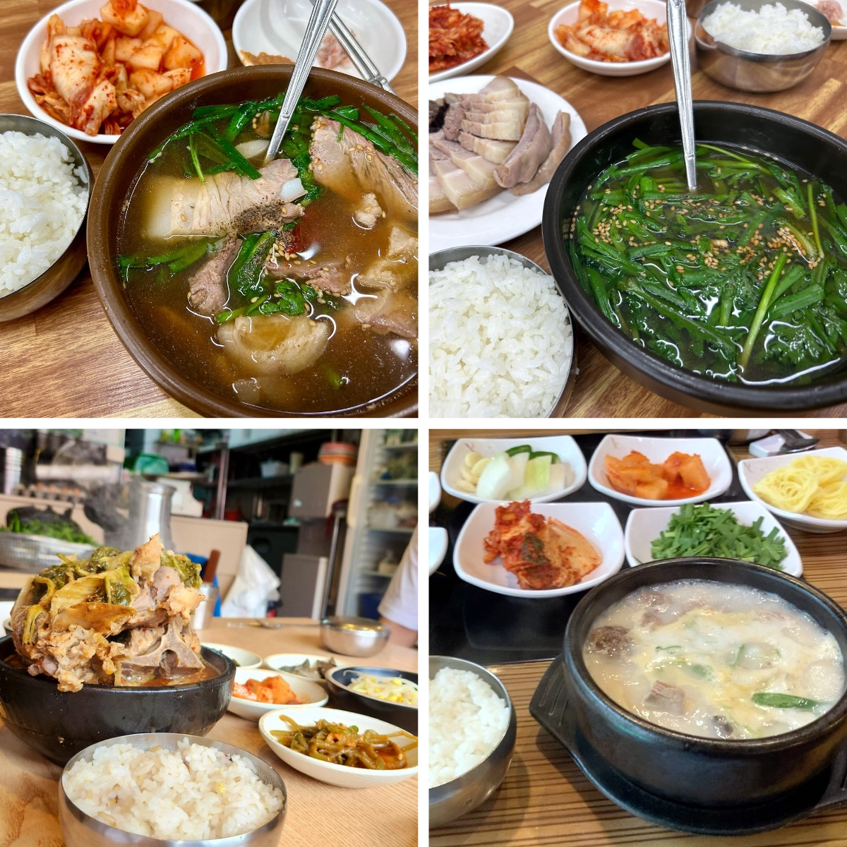 Collage of Korean meals where bowls of white rice sit beside soups and main dishes, consistently placed in the background rather than at the center of the table.