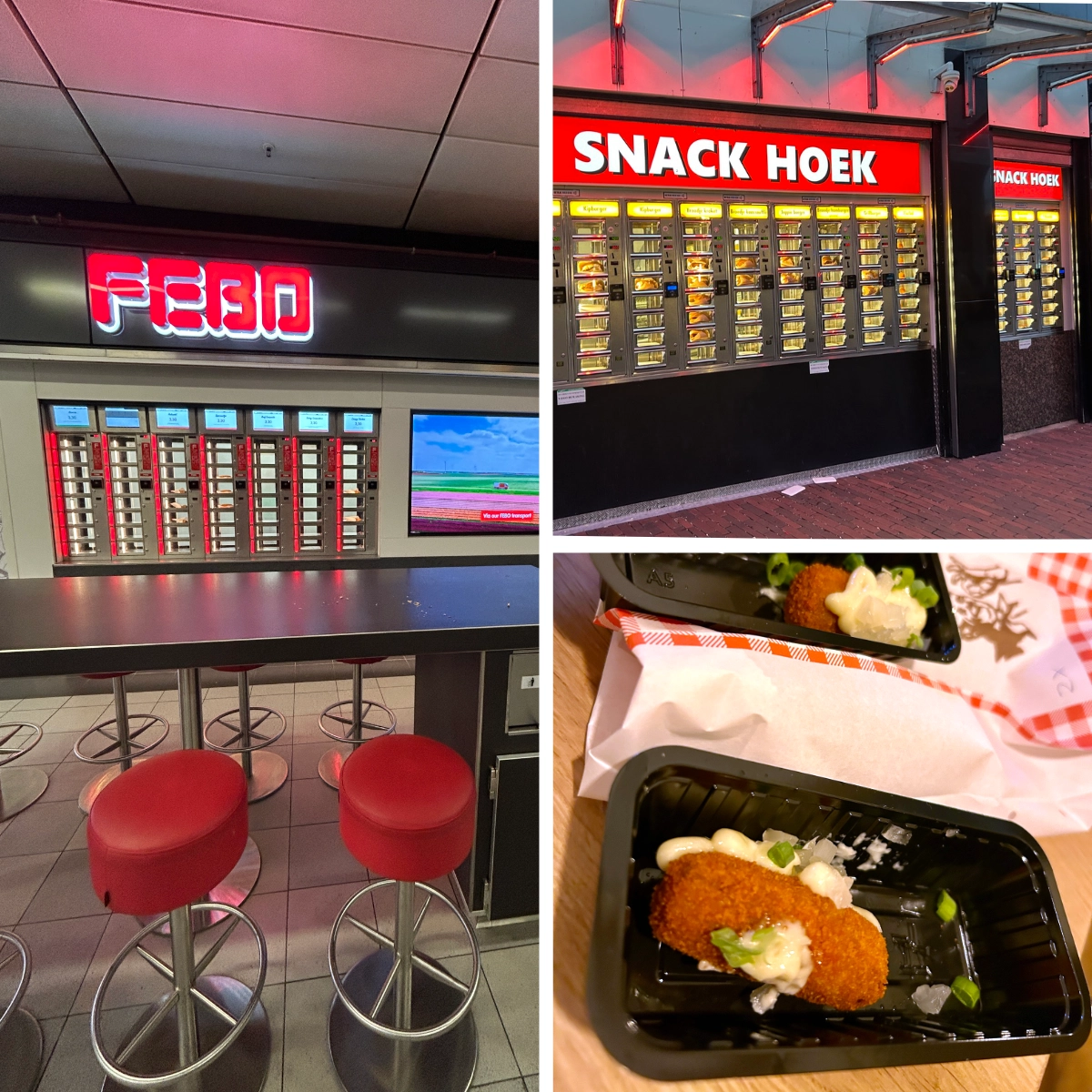 Collage showing Dutch FEBO and snack vending walls with rows of heated compartments dispensing fried snacks, along with a close-up of a kroket served in a small tray with sauce and chopped onions.