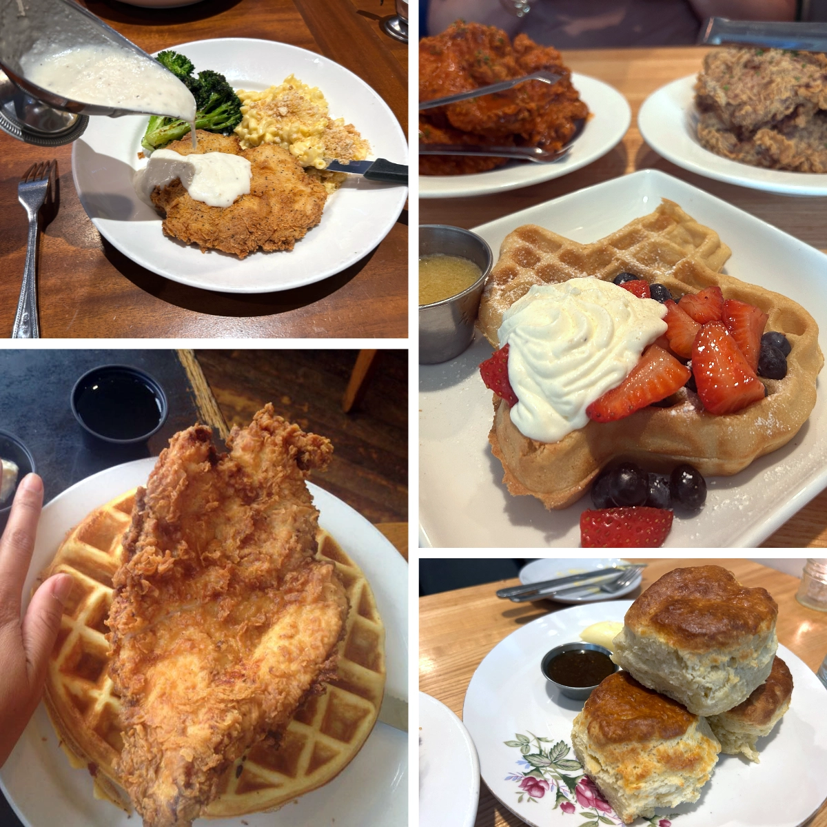 Collage of Southern fried chicken dishes including chicken-fried steak with gravy, chicken and waffles with fruit and cream, a large piece of fried chicken on a waffle, and buttermilk biscuits.