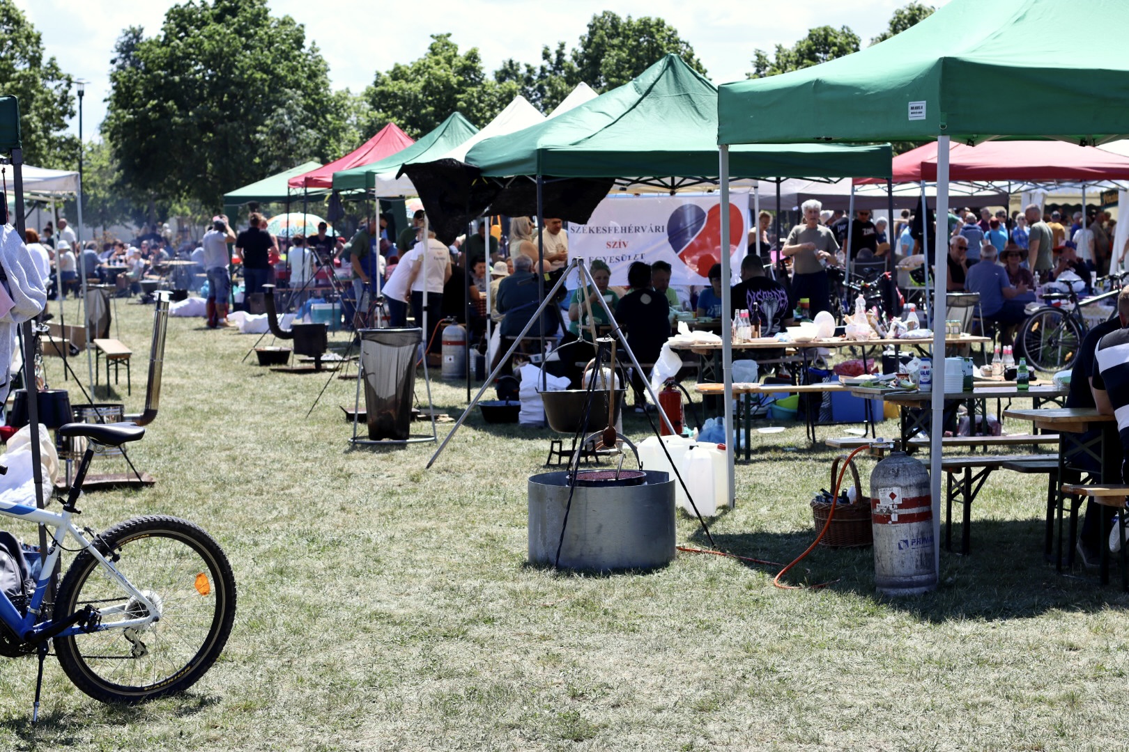 An outdoor food festival on a grass field with multiple vendor tents, crowds of people, and large cooking pots suspended over open fires on tripods.