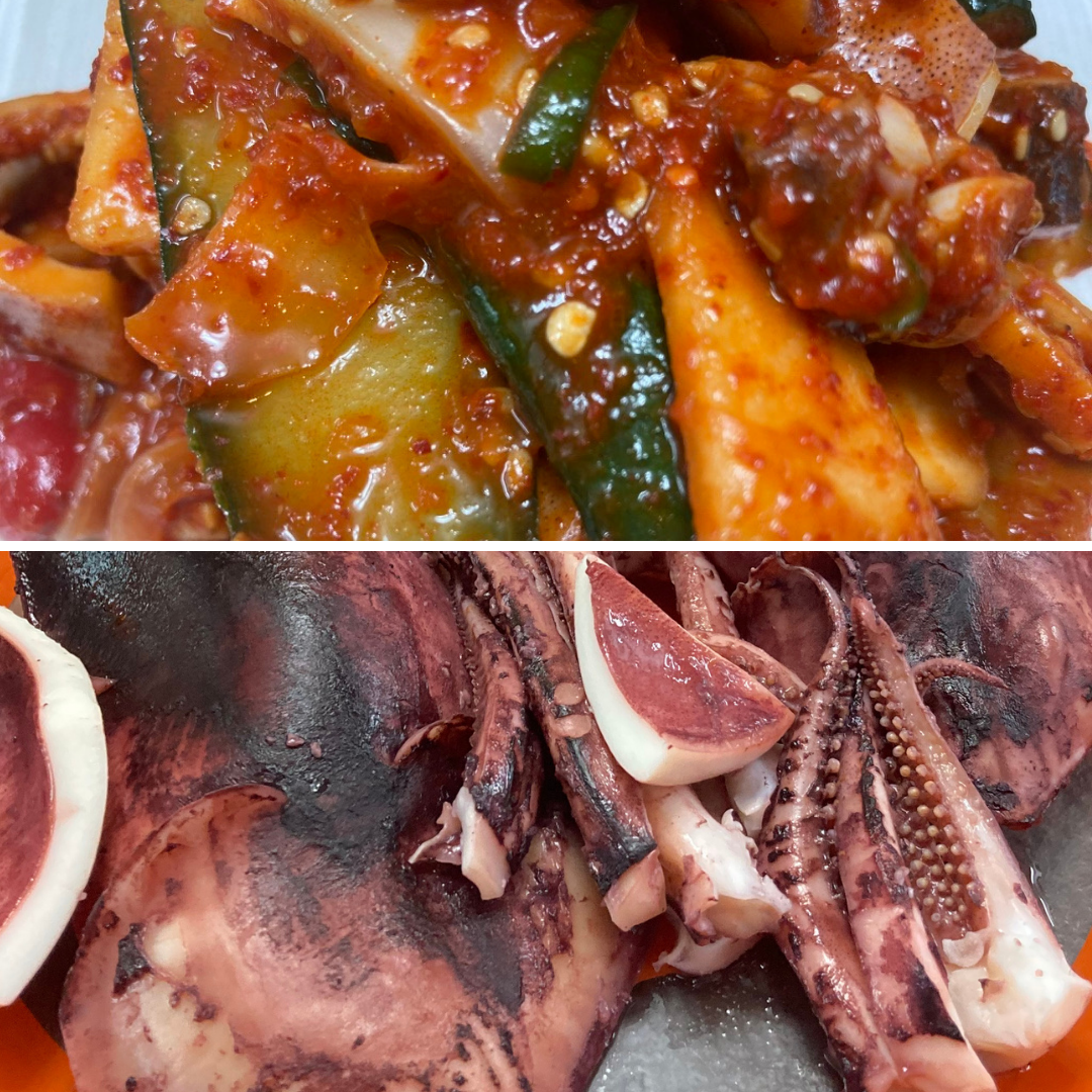 A two-image composite: top shows squid stir-fried with vegetables in a red spicy sauce; bottom shows boiled squid pieces, dark and tender, served plain.