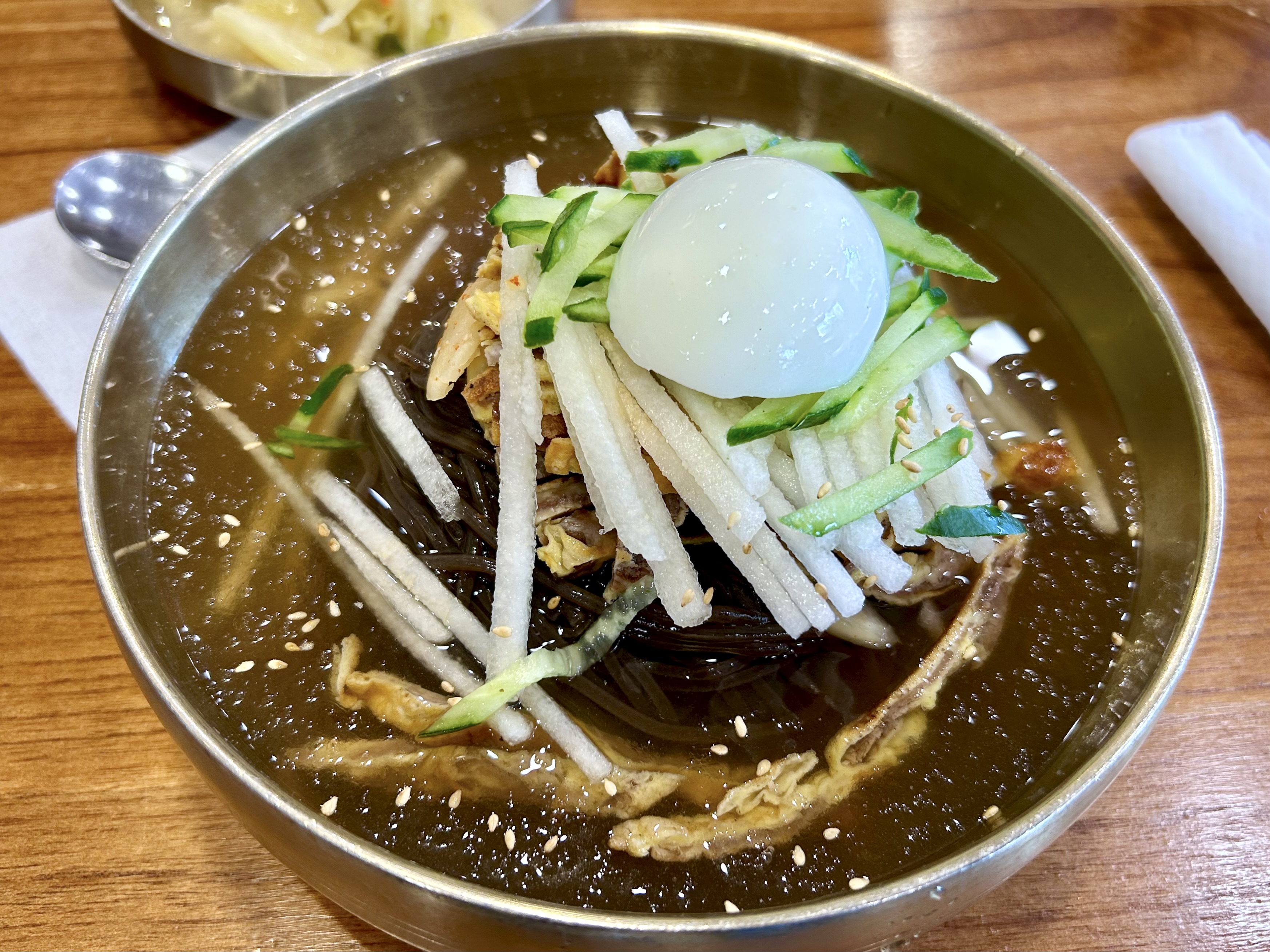A stainless steel bowl of naengmyeon — cold buckwheat noodles in dark broth topped with julienned radish, cucumber, shredded chicken, sesame seeds, and a half-frozen broth dome.