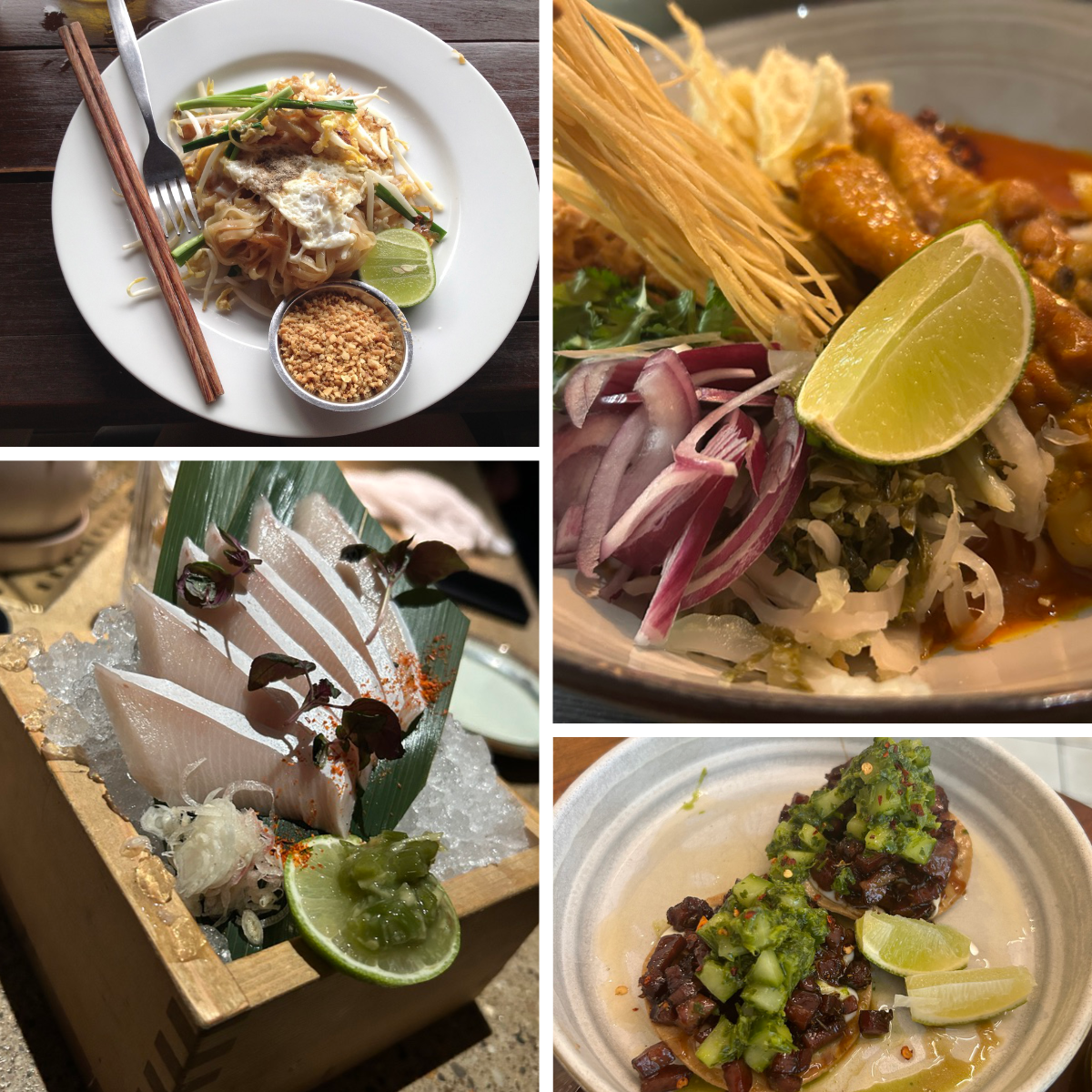 A four-image composite: pad thai with a lime wedge and crushed peanuts, a Thai dish with crispy noodles, red onion, and a lime wedge, sashimi served on ice with a lime half, and tostadas topped with diced meat and herbs alongside lime wedges.