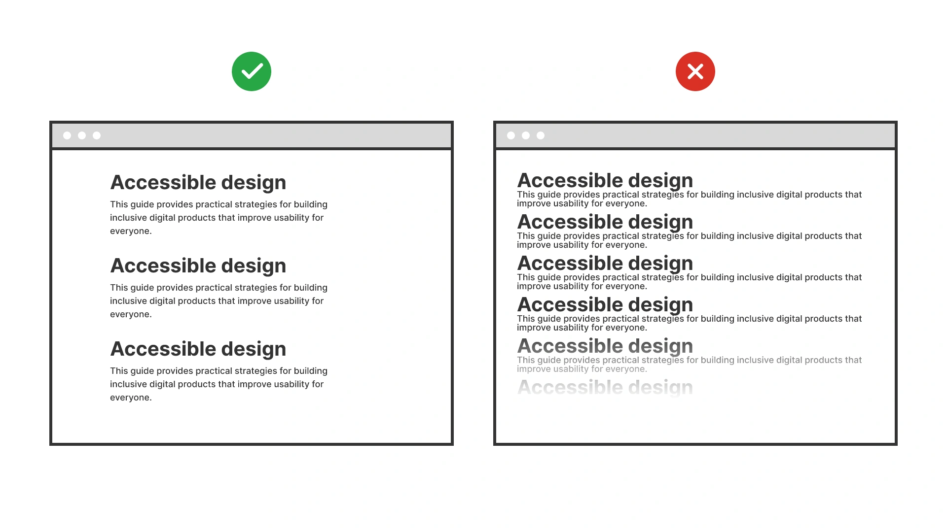 Good example uses 1.4–1.6 line height for body text, ensuring readability. Bad example uses tight lines that reduce clarity