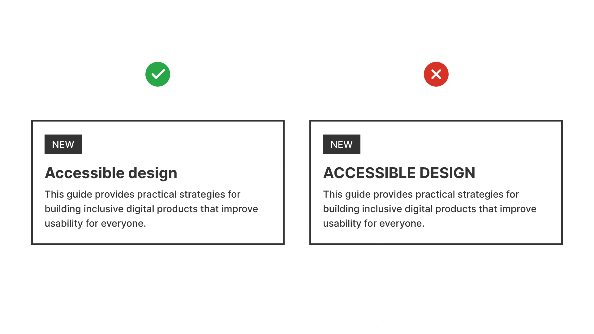 Good example uses all caps only for short label ‘NEW’. Bad example applies all caps to full heading and body text