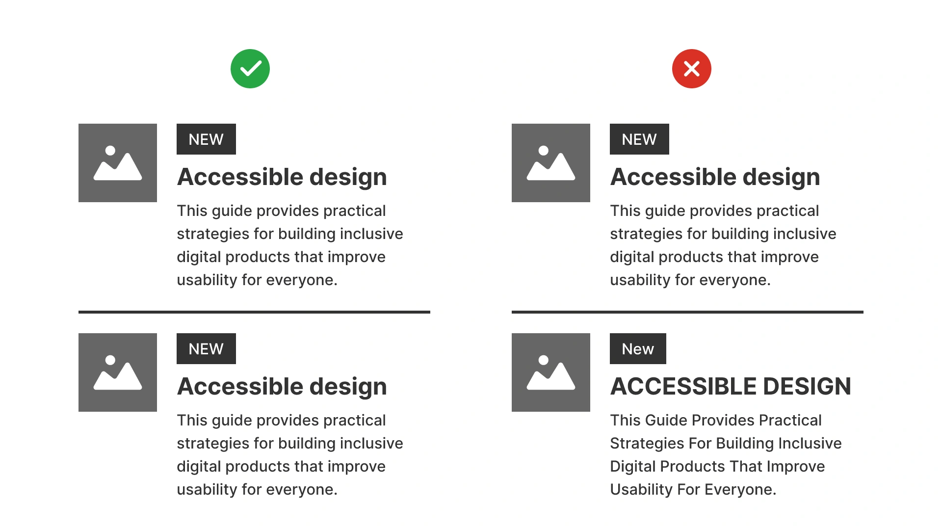 Good example shows consistent case styles across labels and text. Bad example mixes sentence, title, and all caps