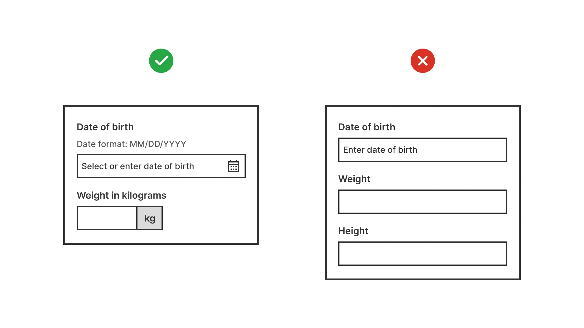 Good example shows clear labels with instructions and units; bad example uses vague, incomplete labels