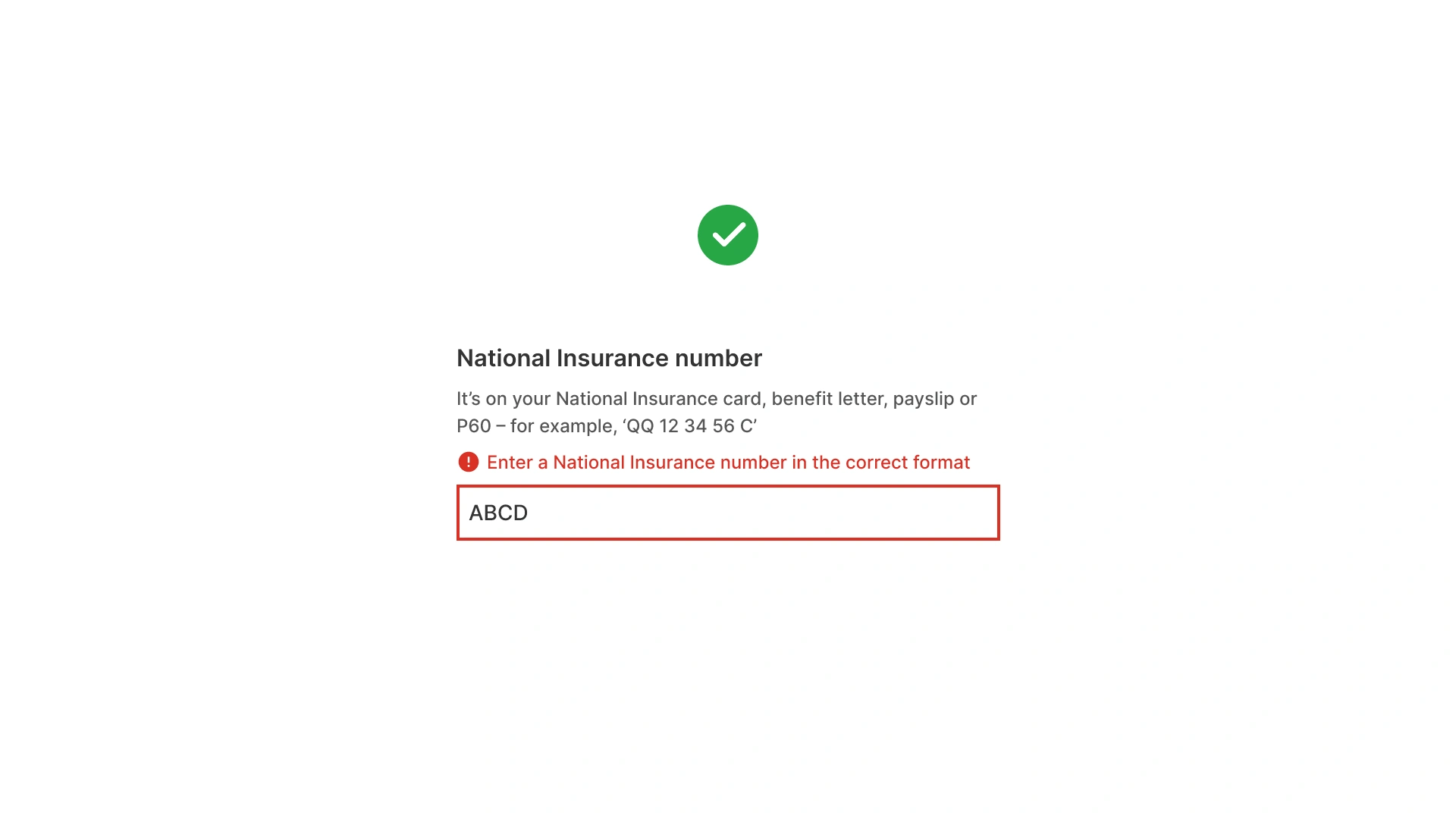 Form error example showing a National Insurance number field with a red error message and icon, demonstrating that errors should not rely on color alone for clarity and accessibility